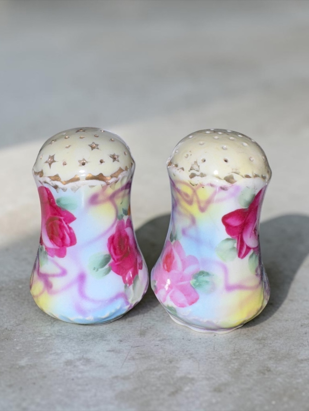 Vintage Porcelain Salt Pepper Shakers Hand Painted Roses Gold Gilt Cork Pair